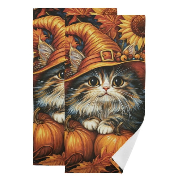 Cute Cat in Fall Hand Towel Absorbent Bath Towels for Bathroom Sports Gym(28.3" X 14.4") Set of 2