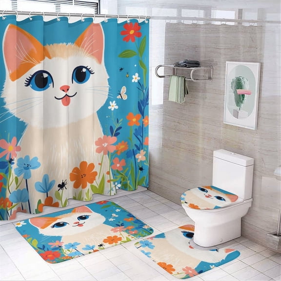 Cute Cat in Floral Garden Shower Curtain Bathroom Sets Toilet Lid Rug, Rugs Mat Bath Mat And Contour Mat, Shower Curtain 4Pcs