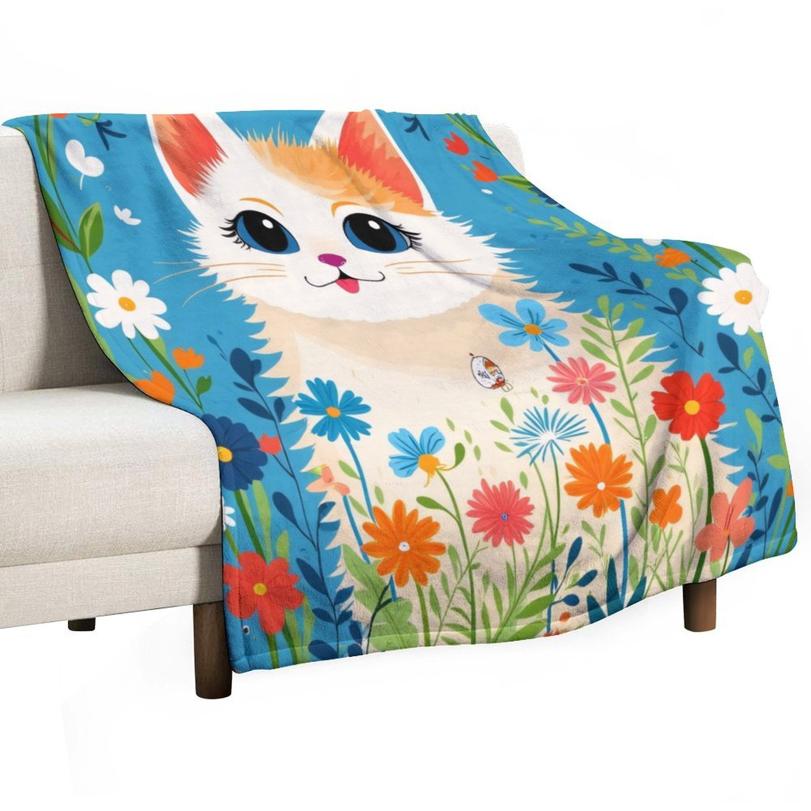 Cute Cat in Floral Garden Throws Blankets for Sofa Bed Winter Plush