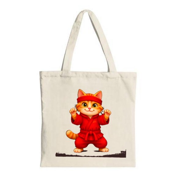 Cute Cat in Red Martial Arts Attire Tote Bag - Canvas Reusable Perfect for Shopping Travel & Parties Fun Design