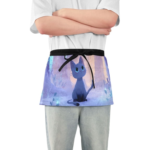 Cute Cat in Snowy World Short Server Apron with 3 Pockets for Unisex Chef Gardening