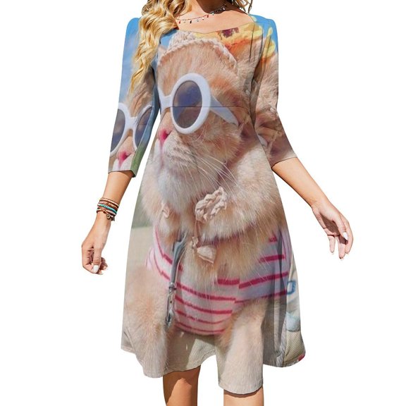 Cute Cat in Sunglasses And Hat Flare Dress Square Neck Dress Elegant Female Fashion Printed Dress