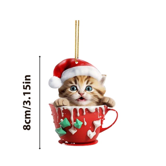 Cute Cat in Teacup Acrylic Christmas Ornament Car Charm Tree Pendant Design A