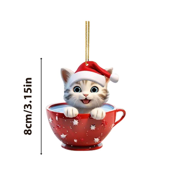 Cute Cat in Teacup Acrylic Christmas Ornament Car Charm Tree Pendant Design C