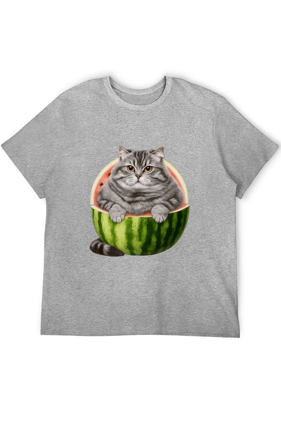 Cute Cat in Watermelon Whimsical Print T-Shirt Summer Vibes
