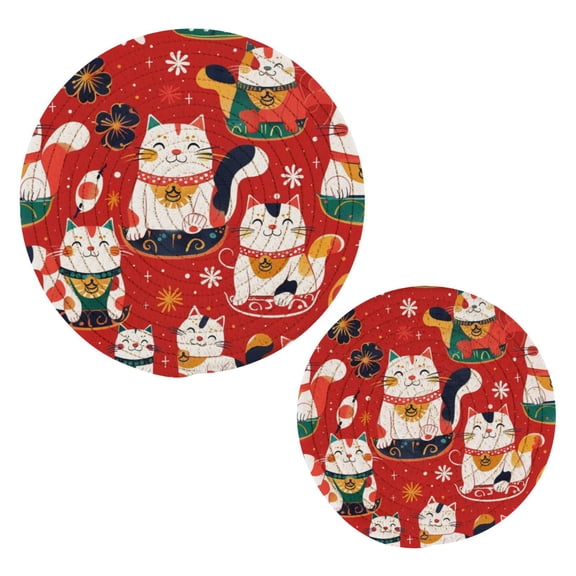 Cute Cat on Red Pot Holders Set Trivets Hot Pads Cotton Mats for Cooking