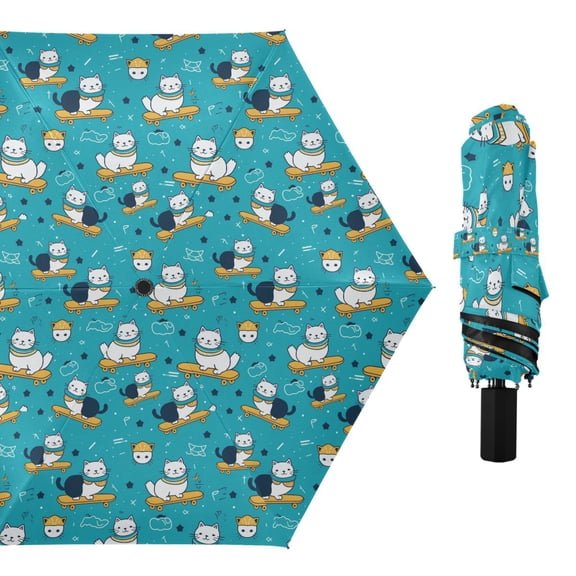 Cute Cat on Skateboard Compact Sun Umbrella Windproof Travel Umbrellas for Rain Strong Portable UV Protection