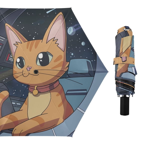 Cute Cat on The Spaceship Cartoon All Weather Umbrella Triple Folding Parasol 6 Ribs UV Protection Portable