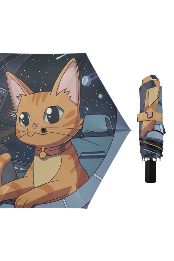 Cute Cat on The Spaceship Cartoon All Weather Umbrella Triple Folding Parasol 6 Ribs UV Protection Portable