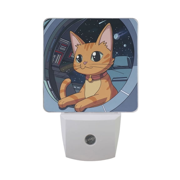 Cute Cat on The Spaceship Cartoon LED Night Light with Smart Sensor Plug Into Wall Dusk to Dawn 2 packs