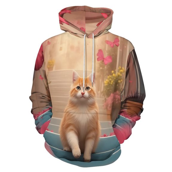 Cute Cat with Butterflies Men's Women Vintage 3D Hooded Sweatshirt - All-Season Loose Fit Streetwear