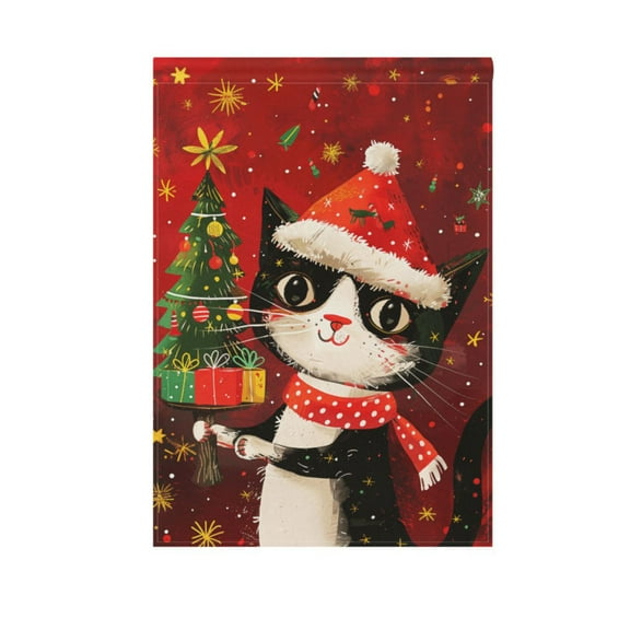 Cute Cat with Christmas Tree Garden Flag 12X18 Double Sided Yard Flags for Outside Outdoor All Seasonal Decoration