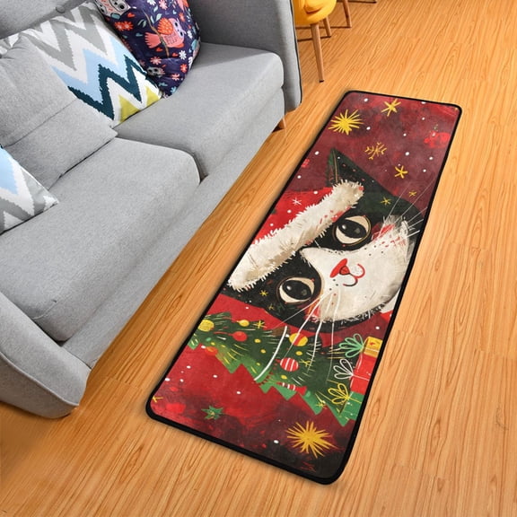 Cute Cat with Christmas Tree Hallway Runner Rug 2'X6' Non-Slip Washable Carpet Runner Kitchen Entryway Laundry Bedroom