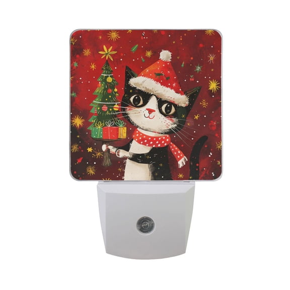 Cute Cat with Christmas Tree Night Light 2 Pack LED Nightlight Plug into Wall Dusk to Dawn Sensor Soft White