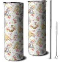 Cute Cat with Flower Tumbler with Handle and Straw, 20oz Stainless Steel Insulated Cup with Lid and Straw, Travel Mug Water Bottle, Gifts for Women