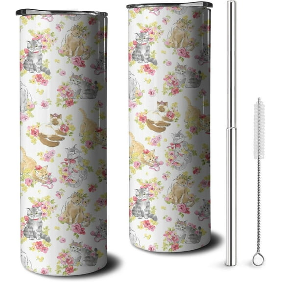 Cute Cat with Flower Tumbler with Handle and Straw, 20oz Stainless Steel Insulated Cup with Lid and Straw, Travel Mug Water Bottle, Gifts for Women