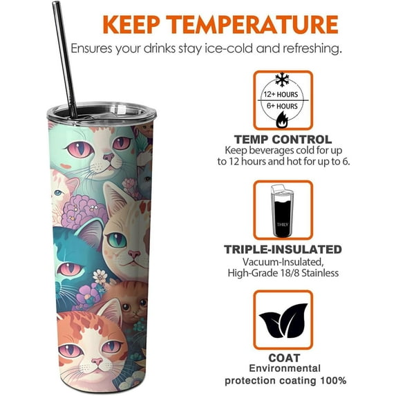 Cute Cat with Flower Tumbler with Handle and Straw, 20oz Stainless Steel Insulated Cup with Lid and Straw, Travel Mug Water Bottle, Gifts for Women