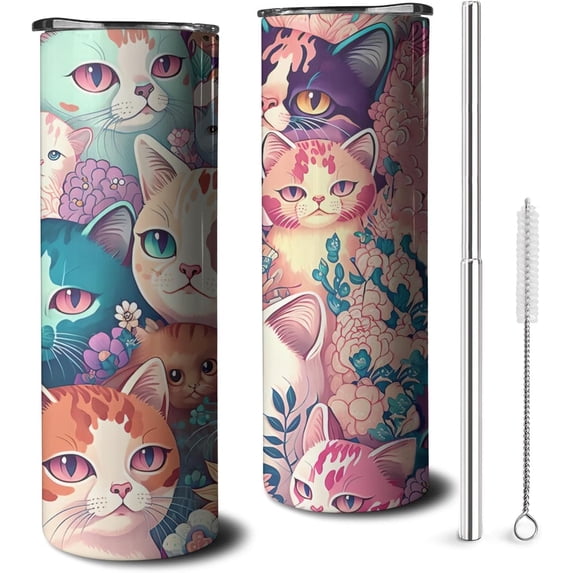 Cute Cat with Flower Tumbler with Handle and Straw, 20oz Stainless Steel Insulated Cup with Lid and Straw, Travel Mug Water Bottle, Gifts for Women