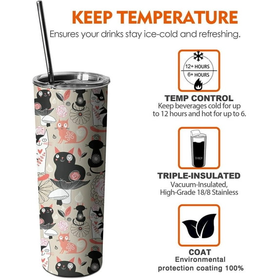Cute Cat with Flower Tumbler with Handle and Straw, 20oz Stainless Steel Insulated Cup with Lid and Straw, Travel Mug Water Bottle, Gifts for Women