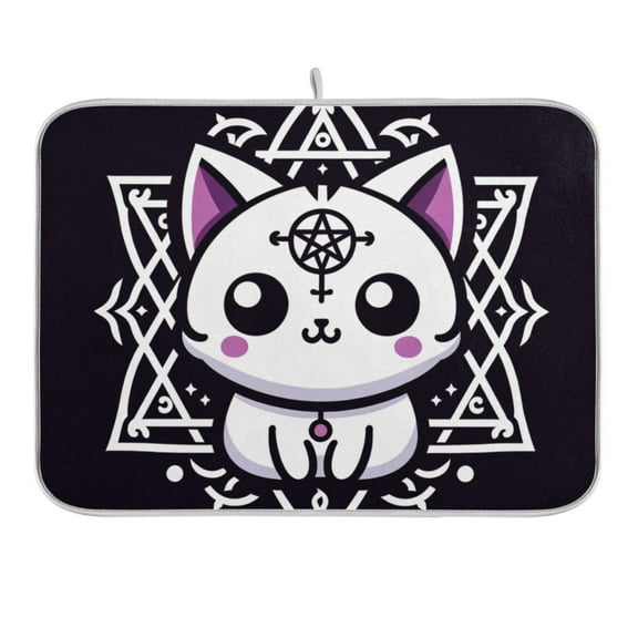 Cute Cat with Hexagram Dish Drying Mat 16x18 Absorbent Microfiber Draining Rack Pad for Kitchen Counter Sink