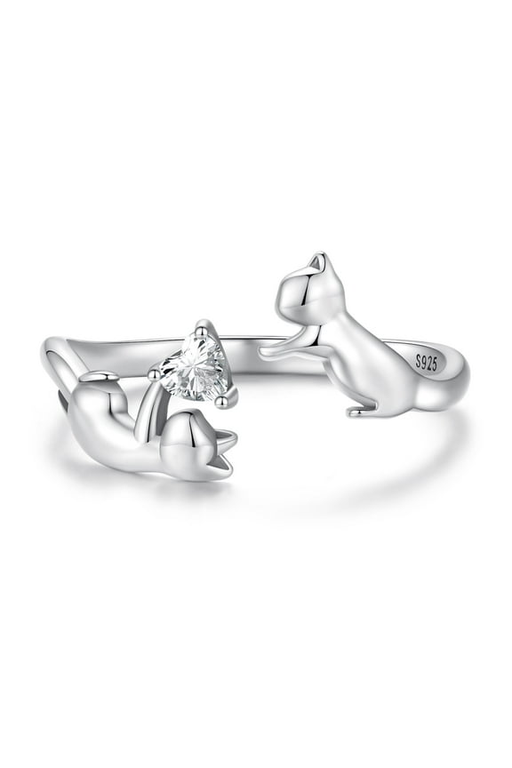 Cute Cat with Love Heart Open Statement Ring 925 Sterling Silver CZ Couples Cats Stacking Finger Band Rings for Women