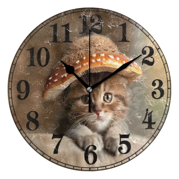Cute Cat with Mushroom Hat Silent Wall Clock 10" Non-Ticking Battery Clock