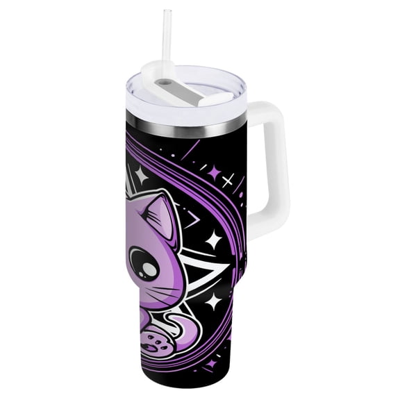 Cute Cat with Skull Tumbler with Handle and Straw Lid 40 oz Insulated Vacuum Water Bottle Stainless Steel Travel Cup