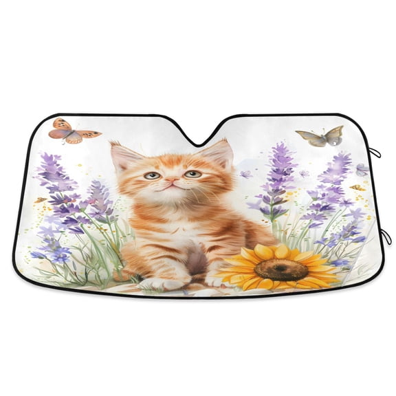 Cute Cat with Sunflower and Lavender Car Windshield Sun Shade Foldable Car Front Window Visor Heat and UV Protection 55x27.6