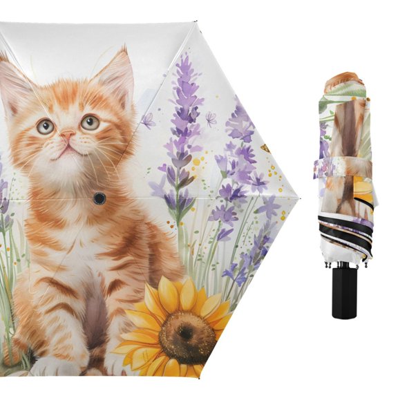 Cute Cat with Sunflower and Lavender Compact Sun Umbrella Windproof Travel Umbrellas for Rain Strong Portable UV Protection