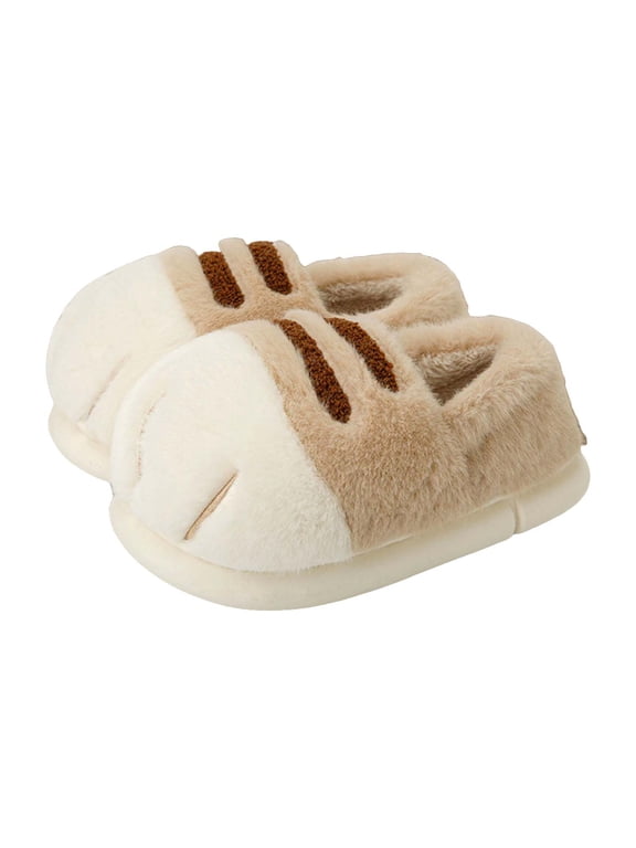 Cute Catpaw Slippers for Women Men Plush Winter Cozy Warm Memory Foam Bedroom Antislip Slip on Slipper Booties Khaki Size 8