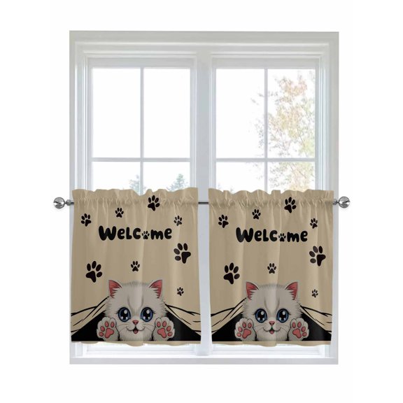 Cute Cats 2 Panel Kitchen Curtains for Small Windows, Vintage Cat Claws Pets Cartoon Kitten Brown Bathroom Tier Curtain, Short Window Treatment for Bedroom/Living Room 55"x24"