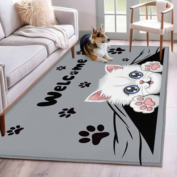 Cute Cats 3'x5' Washable Rug, Vintage Cat Claws Pets Cartoon Kitten Grey Non-Slip Area Rugs for Entryway Kitchen Classroom, StainResistant Dorm Throw Carpet, Low Pile Soft Indoor Floor Mat