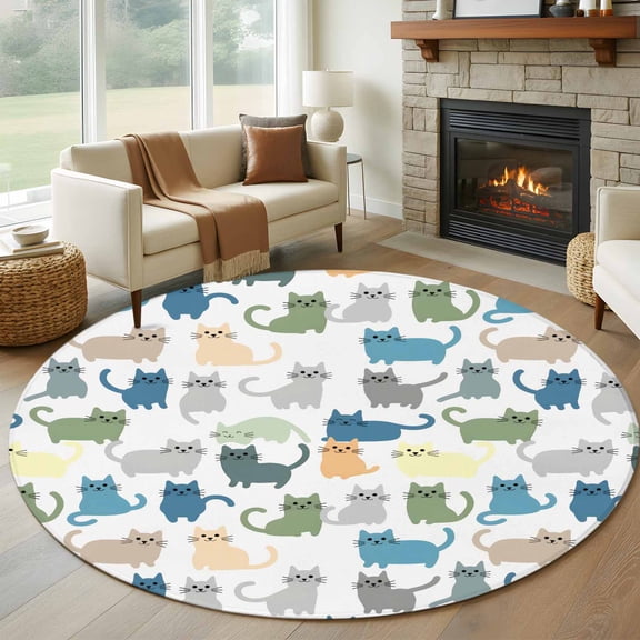 Cute Cats Animals 8' Round Area Rug, Pets Colorful Cartoon Simple Washable Non-Slip Large Circle Rugs for Living Room Bedroom, Soft Low Pile Rug Carpet for Dining Room Kitchen Farmhouse