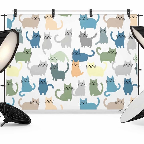 Cute Cats Animals Backdrop for Photoshoot, Photography Photo Studio Background Wall Backdrop, Pets Colorful Cartoon Simple Back Drop Banner Panel for Portraits Wedding Live Streaming Decor 8x6Ft