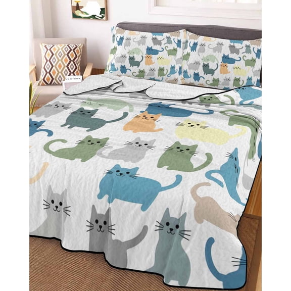 Cute Cats Animals Full Size Down Alternative Comforter, Lightweight Comforter Quilt Bedding Set with Pillow Shams Pets Colorful Cartoon Simple All Seasons Bed Comforter Duvet Insert 78"x90"