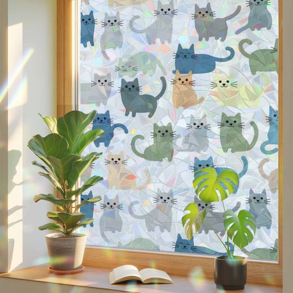 Cute Cats Animals Privacy Window Film, Decorative Stained Glass Window Film, Pets Colorful Cartoon Simple Resuable Rainbow Static Cling for Home Bathroom Living Room Glass Door 17.7"x78.7"