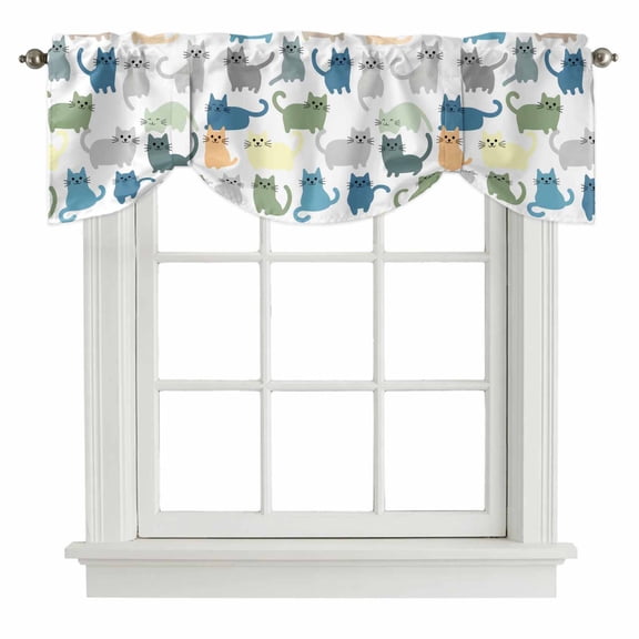 Cute Cats Animals Tie Up Valance Curtains for Windows, Kitchen Curtains Window Shades, Pets Colorful Cartoon Simple Light Filtering Roman Curtain Valances for Bedroom/Bathroom/Cafe 42"x18"