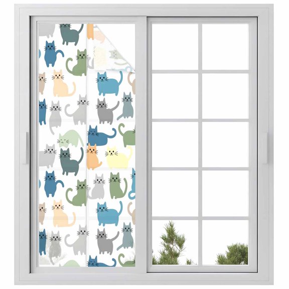 Cute Cats Animals Window Privacy Film, Pets Colorful Cartoon Simple Static Cling UV Sun Blocking Heat Control Window Tint Day and Night, Non-Adhesive One Way Windows Privacy Cover 23.6''x59''