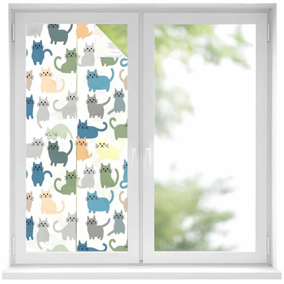 Cute Cats Animals Window Privacy Film, Pets Colorful Cartoon Simple Static Cling UV Sun Blocking Heat Control Window Tint Day and Night, Non-Adhesive One Way Windows Privacy Cover 19.6''x39.3''