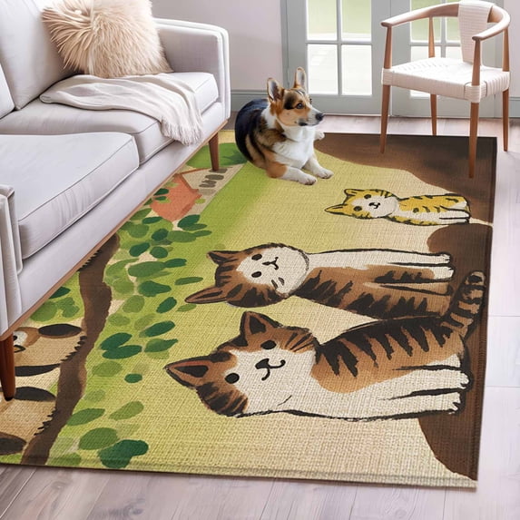 Cute Cats Area Rugs 4'x6', Washable Small Throw Rugs for Office Bathroom, Japanese Owls Animals Country Leaves Vintage Indoor Outdoor Rug Non-Slip Low Pile Carpet Runner Reversible Floor Mats