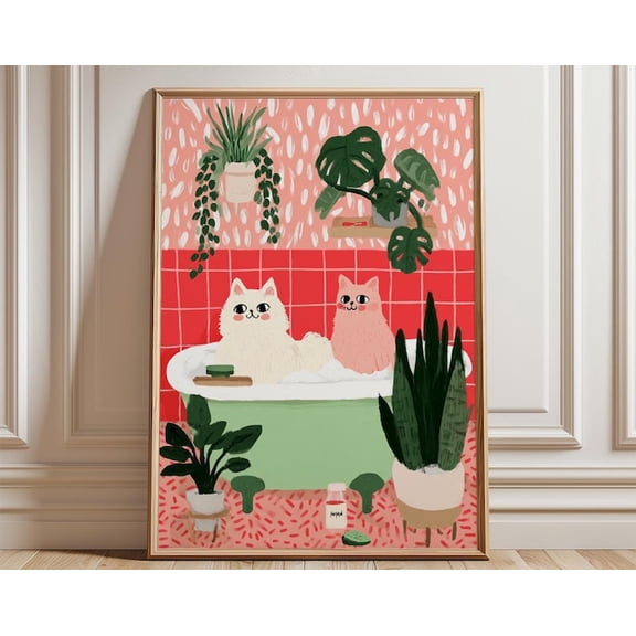 Cute Cats Bath Pink Green Wall Art Print, Unframed Paper Poster 24x36in