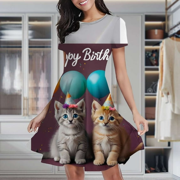 Cute Cats Birthday Balloons Women's Classic Swing Skater Dress Casual Work Party Cocktail Dresses