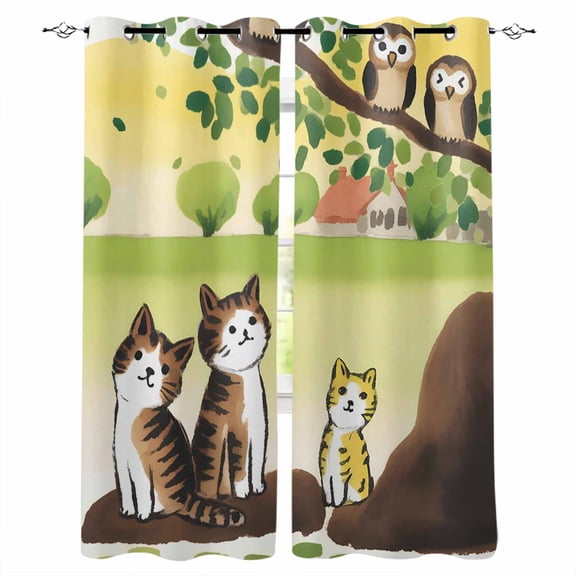 Cute Cats Black Out Curtains 54 Inch Long, Short Curtains for Small Window, Japanese Owls Animals Country Leaves Rustic Room Darkening Farmhouse Window Curtains for Kitchen Bedroom 42"x54" 2 Panels