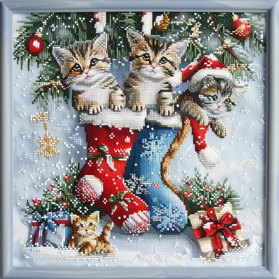 Cute Cats in Christmas Stocking Sock DIY 11CT Stamped Cross Stitch Kits for Beginners Easy Needlepoint Embroidery Counted Cross Stitch Art Craft for Wall Decoration 14x14inch(3)