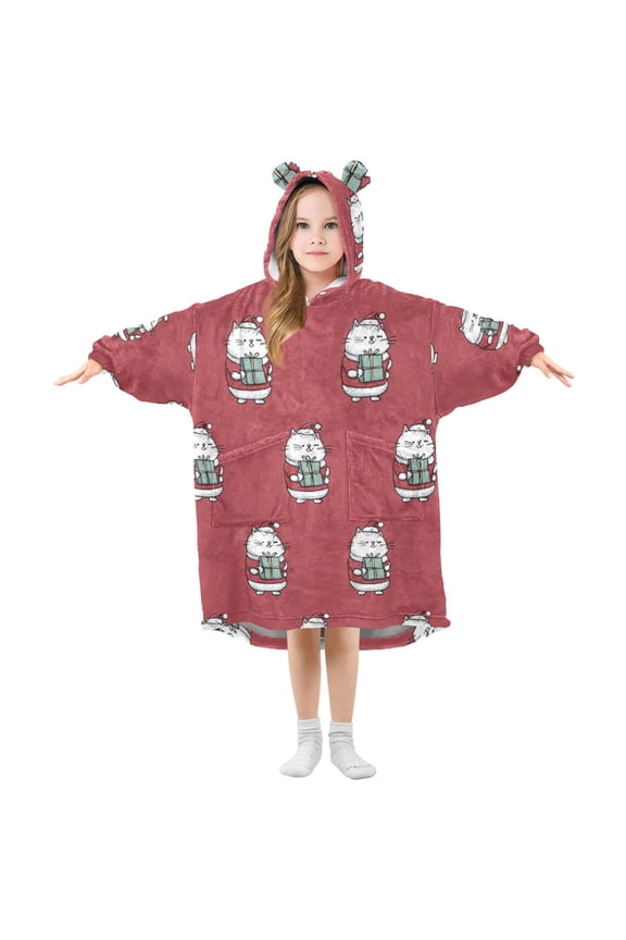 Cute Cats Dress in Christmas with Presents Flannel Wearable Blankets Hooded Design Long Sleeves Wrap Unisex for 3T-14Y S