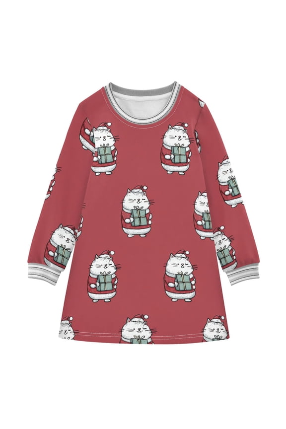 Cute Cats Dress in Christmas with Presents Long-sleeved Dress A-line One-Piece Dress for 2-8 Years Casual Party 2T