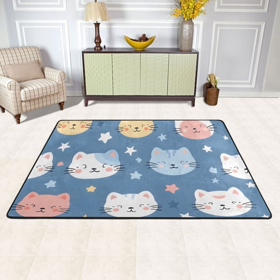 Cute Cats Face Area Rug Washable 72 x 48 Floor Carpet Mat Non Slip for Bedroom Living Room Kids Room Home Decor