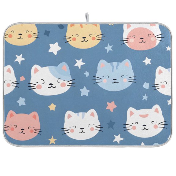 Cute Cats Face Dish Drying Mat Dish Drainer Rack Mats Water Absorbent Non-Slip Easy Clean Heat Resistant for Kitchen Counter