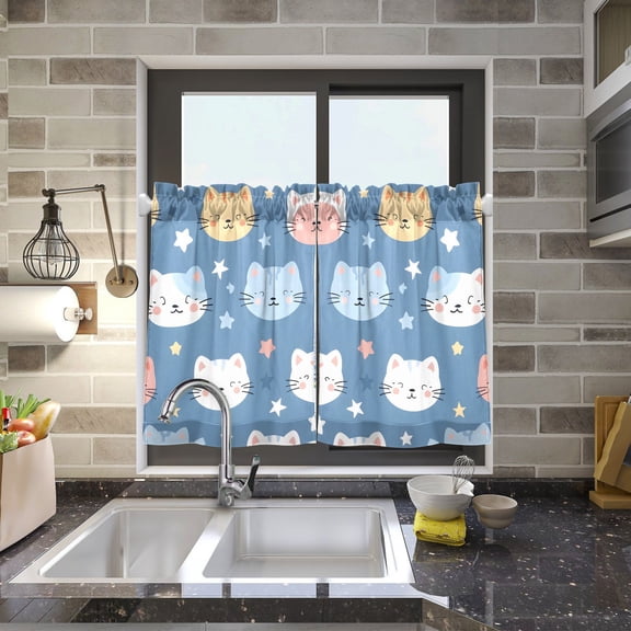 Cute Cats Face Kitchen Curtains Half Tier Curtain 2 Rod Pockets Bathroom Bedroom Cupborad Living Room 27"x24"