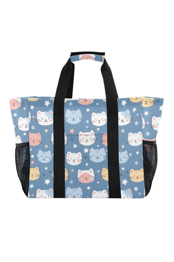 Cute Cats Face Reusable Grocery Bags with Handle Side Pocket Waterproof Shopping Portable Tote